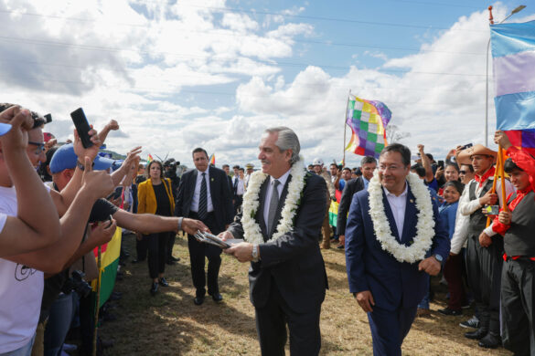 Presidents Alberto Fernández and Luis Arce at the inauguration of the Juana Azurduy Electroduct