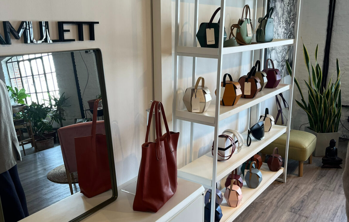 Hand-made leather handbags at Amulett. Photo: Molly Troup