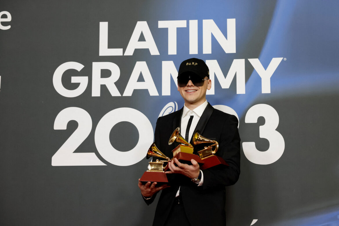 Bizarrap poses with the Song of the Year, Best Pop Song and Best Urban Song Awards at the 24th Annual Latin Grammy Awards in Seville, Spain, November 17, 2023. REUTERS/Jon Nazca