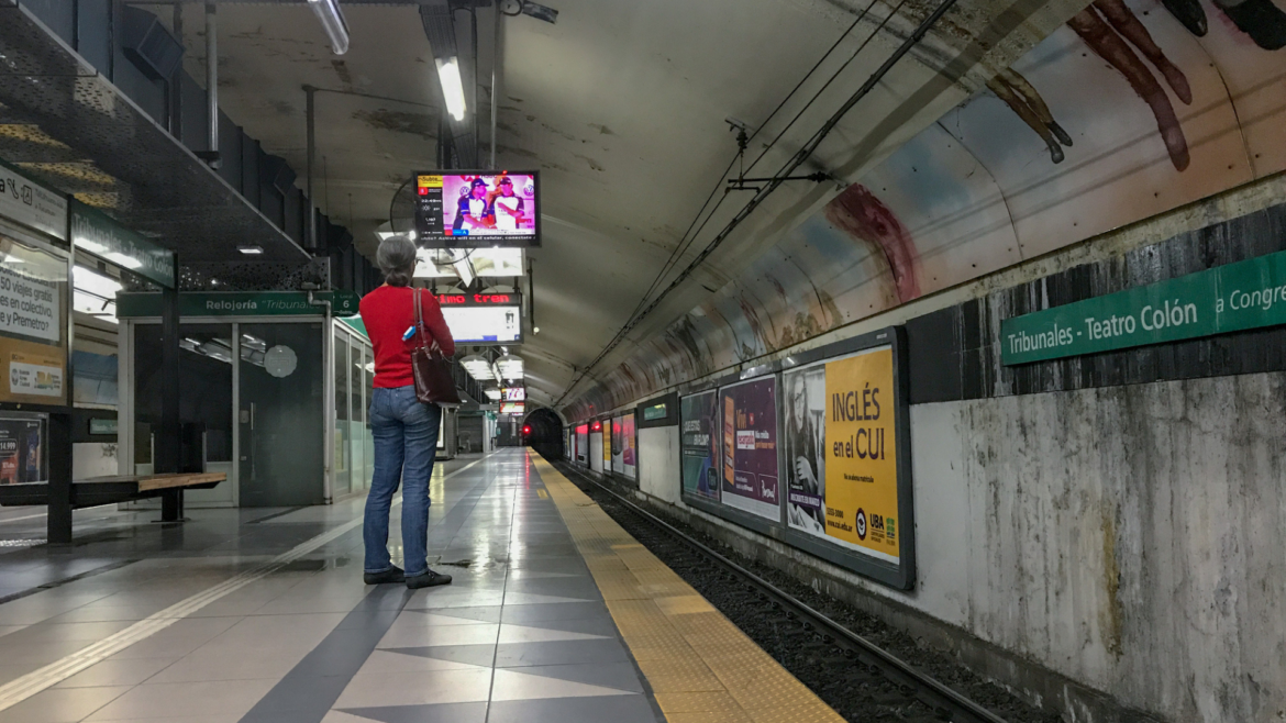 BUENOS AIRES, ARGENTINA - March 16, 2020: Tribunales subway station, Buenos Aires, abandoned because of coronavirus covid-19. This subway station usually is packed with people, but these days it is rather deserted.