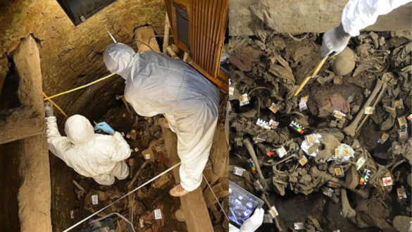 Forensics experts work in the Pozo de Vargas, Tucumán, Argentina. Left: Provided by CAMIT. Right: Télam