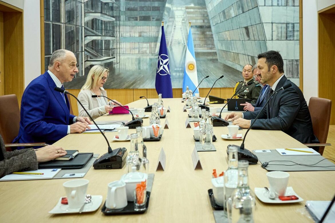 Brussels, Belgium.- In photos taken on April 18, 2024, the Minister of Defense of Argentina, Luis Petri (right), and the deputy secretary general of the North Atlantic Treaty Organization (NATO), Mircea Geoana (left) during a meeting at the NATO headquarters. Petri announced that he delivered a letter expressing Argentina's request to become a global partner of the NATO Organization. In January 1998, Argentina was designated by the United States as an important extra-NATO Ally, a status that establishes privileges of military and economic cooperation between both countries. This designation remains in effect.