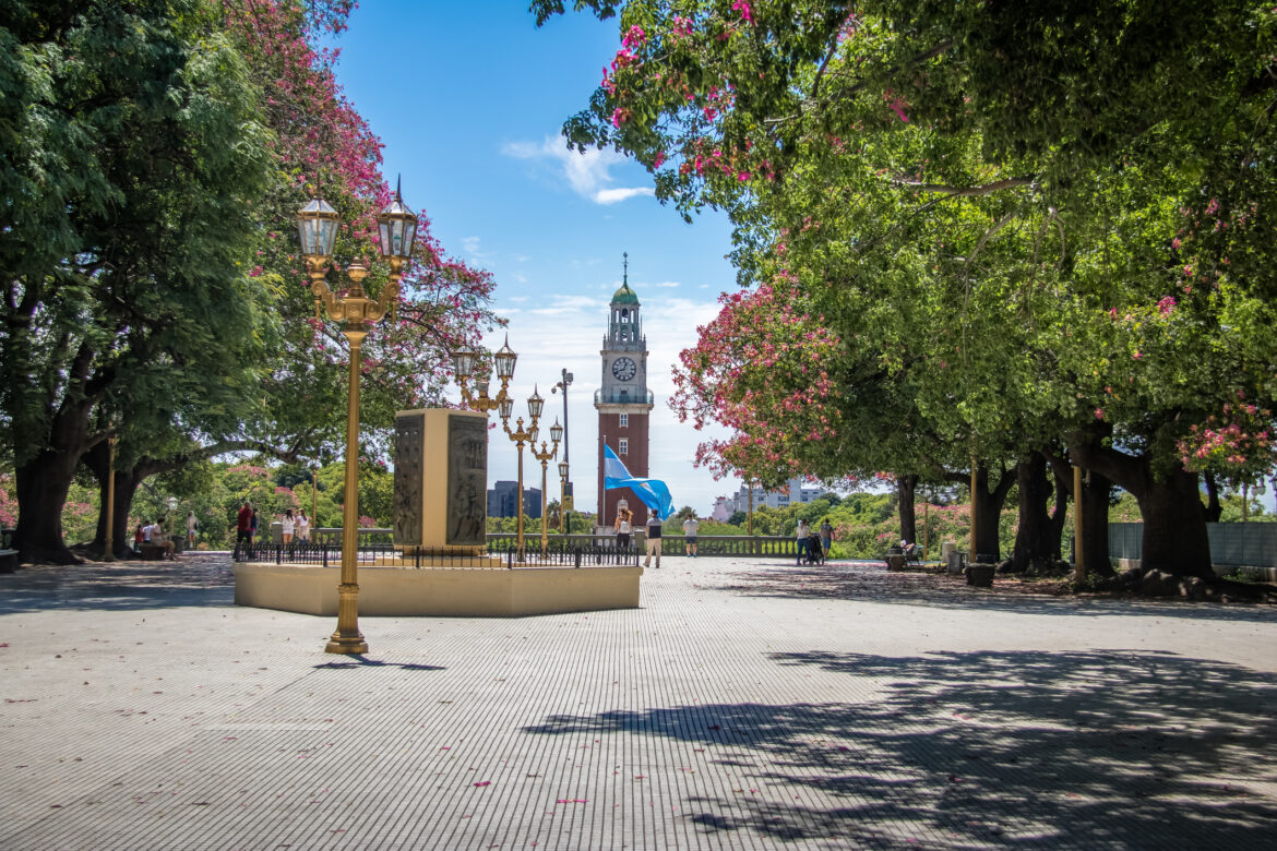 Buenos Aires, Argentina - Feb 10, 2018: Torre Monumental or Torre de los Ingleses (Tower of the English) and General San Martin Plaza in Retiro - Buenos Aires, Argentina