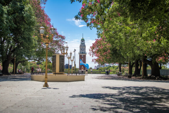 Buenos Aires, Argentina - Feb 10, 2018: Torre Monumental or Torre de los Ingleses (Tower of the English) and General San Martin Plaza in Retiro - Buenos Aires, Argentina