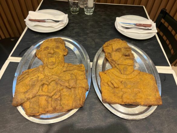 Ángel Di María and Emi Dibu Martínez in milanesa form at El Antojo ahead of Argentina Copa América 2024 win. Photo: Noelle Harff