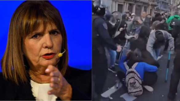Left: Argentina's Security Minister Patricia Bullrich. Right: Police tear gas 10-year-old girl during pension protests in Buenos Aires