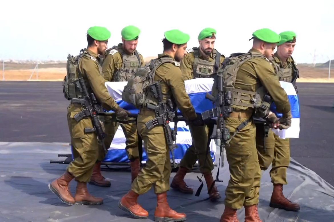 IDF forces carry a coffin with one of the bodies handed over by Hamas. Credit: IDF X account