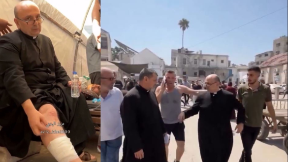 Argentine priest injured in Gaza. Images: screen shots from social media